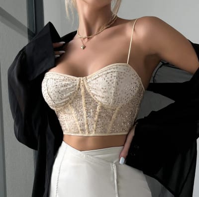 Crop Top Lentejueles Tiras Beige1