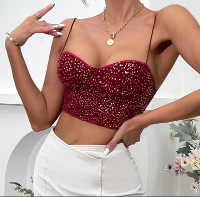 Crop Top Lentejueles Tiras burdeos1
