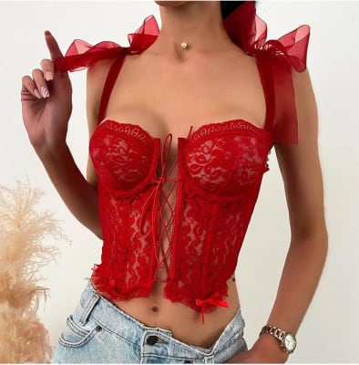 Top Bustier Corto con Corpiño de Encaje Rojo1
