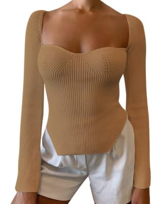 Sweater mujer Camel Ajustado Escote Cuadrado Manga Larga3