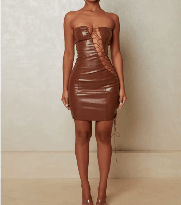 Vestido Marron de Cuerina Trenzado Strapless Mujer1