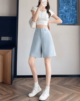 Bermudas Celeste Mujer Aurelia de Lino3