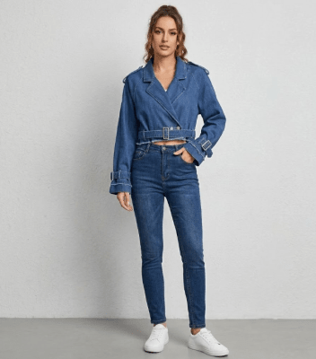 Chaqueta Denim Cruzada Mujer Arlette Azul con Cinturón8