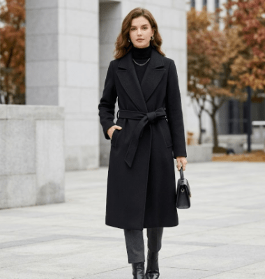Abrigo Negro Largo Mujer con Cinturón Milano7