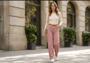 Jeans Rectos Mujer Tiro Alto Rosa Wide Leg Isidora1