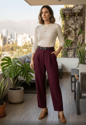 Pantalón Mujer Burdeo Elegante con Cinturón1