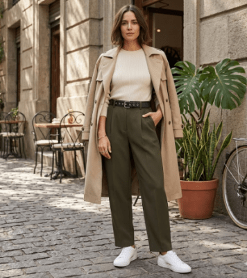 Pantalón Mujer Verde Oliva Elegante con Cinturón1
