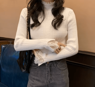 Sweater Manga Larga Ajustado Acanalado Marfil2