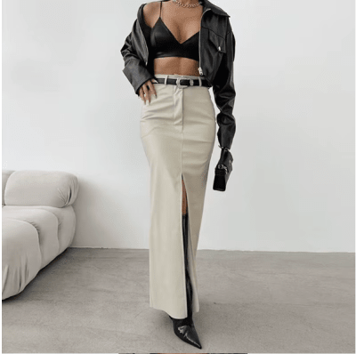 Falda Larga Cuerina beige Mujer Tiro Alto Elegante1