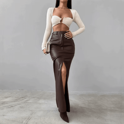 Falda Larga Cuerina Marron Mujer Tiro Alto Elegante1