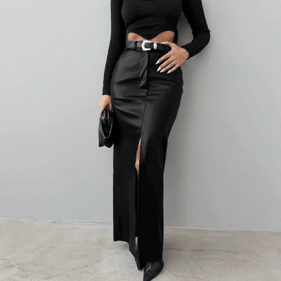 Falda Larga Cuerina negro Mujer Tiro Alto Elegante2