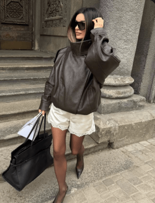 Chaqueta Bomber Efecto Piel Marron Polonia Mujer Otoño Invierno1