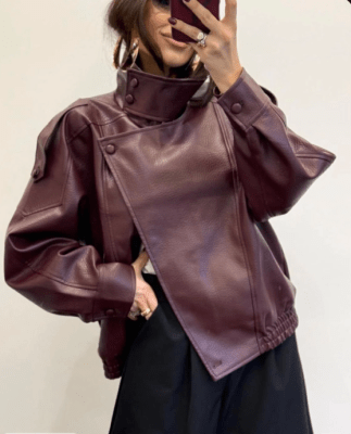 Chaqueta Bomber Efecto Piel Burdeo Polonia Mujer Otoño Invierno3