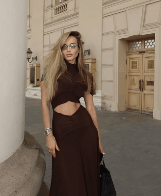 Vestido Largo Ceñido Frunces Marron Miranda Mujer Elegante para Fiesta2
