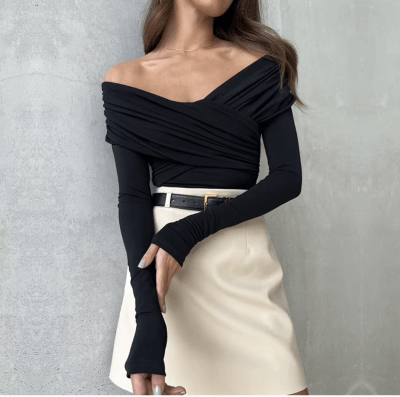 Body Negro aranza fruncido Mujer Elegante1