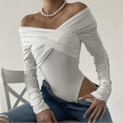 Body Blanco aranza fruncido Mujer Elegante2
