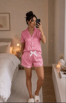 Pijama Corto Mujer Estampado Gotas Rosa Rocío1