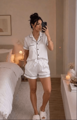 Pijama Corto Mujer Satinado Blanco con Ribetes Catalina1