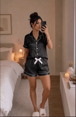 Pijama Corto Mujer Satinado Negro con Ribetes Catalina1