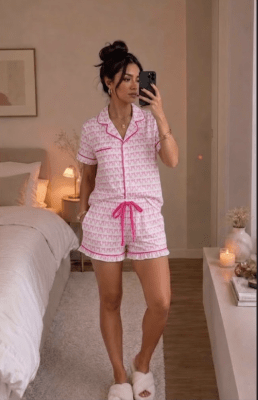 Pijama Corto Mujer Estampado Rosa con Lazo Alva1