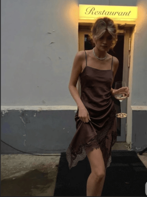 Vestido Satinado Encaje Marron Madrid Mujer Elegante para Fiesta1