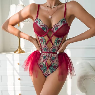 Body Charlotte Rojo Encaje Transparente Mujer1