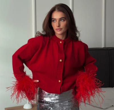 Cardigan Manga Larga Con Plumas Rojo Anne Mujer Tejido1