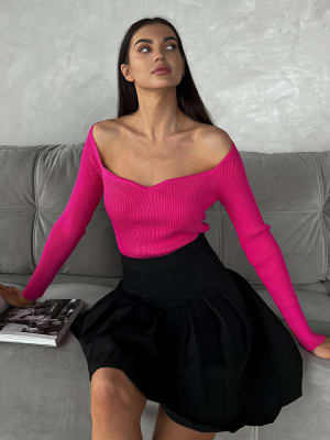 Sweater Mujer Fucsia Ajustado Escote Cuadrado Manga Larga1