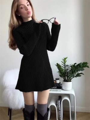 Vestido Corto Acanalado Mujer Negro Genoveva1