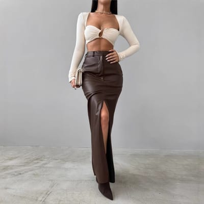 Falda Larga Cuerina Abertura Marron1