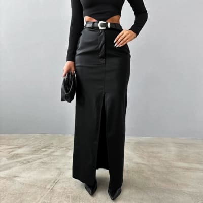 Falda Larga Cuerina Abertura Negro1