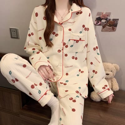 Pijama Largo Mujer Invierno Estampado de Cerezas3