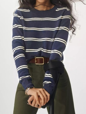 Sweater tejido rayado para mujer cuello redondo azul Kim1