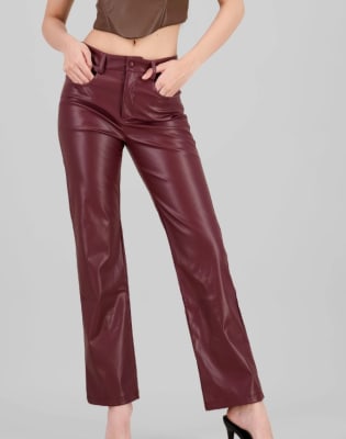 Pantalones De Cuero Tiro Alto  Mujer Bota Recta Vinotinto Cuerina2