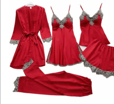 Set Pijama Seda 5pcs Rojo1