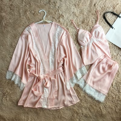 Pijama Seda 3 Pcs Rosa1