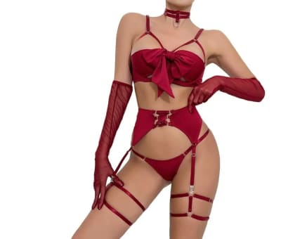 Set Lenceria 5pcs Lazos Rojo1