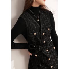 Vestido Tweed Negro con Botones y Cinturón Mujer