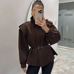 Chaqueta Mujer Entallada con Cinturón Marrón Valeria