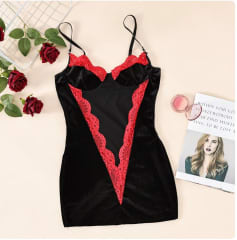 Pijama Bata Corta Terciopelo Encaje Negro