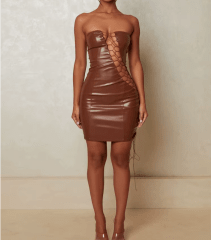 Vestido Marron de Cuerina Trenzado Strapless Mujer