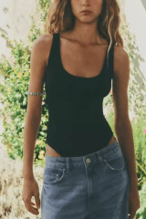 Body acanalado Negro mujer escote redondo