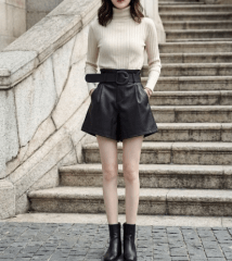 Short de Cuerina Negro Mujer con Cinturón