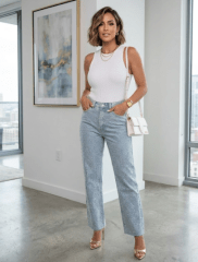 Jeans Mujer con Brillos Cintura Alta