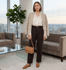 Pantalón Mujer Marron Elegante con Cinturón