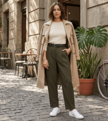 Pantalón Mujer Verde Oliva Elegante con Cinturón