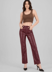 Pantalón de Cuero Burdeo Mujer Tiro Alto