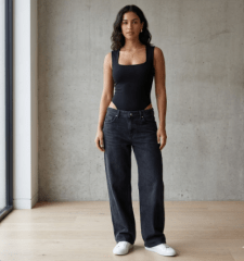 Body Negro Mujer Cuello Cuadrado Sin Mangas