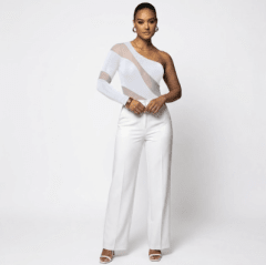 Body Asimétrico Blanco Mujer con Transparencias y Manga Larga