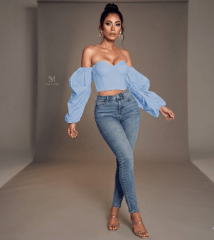 Corset Celeste de Hombros Descubiertos con Mangas Abullonadas